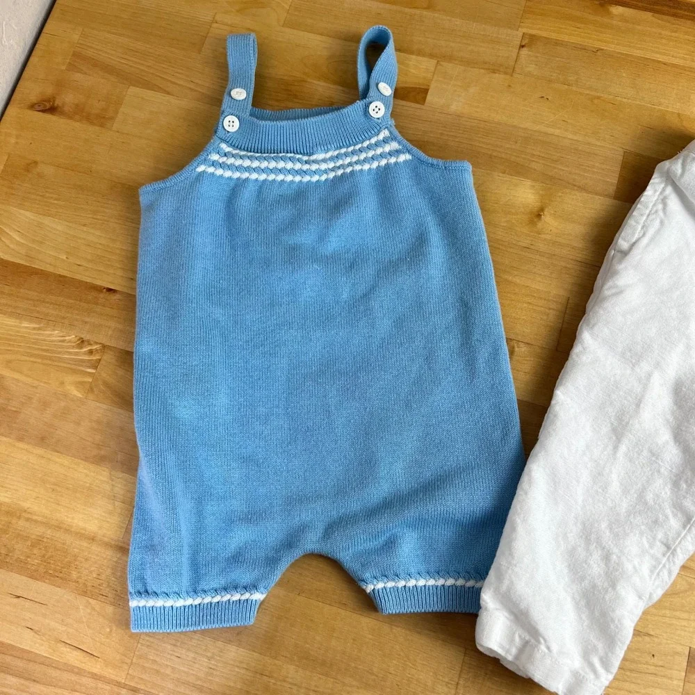 Janie and Jack Bundle Knit Romper‎ Linen Pants Baby Size 12-18 Months Blue White